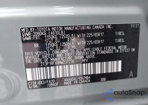 2021 Toyota Rav4 Xle from USA, damaged, VIN 2T3P1RFV0MW237236